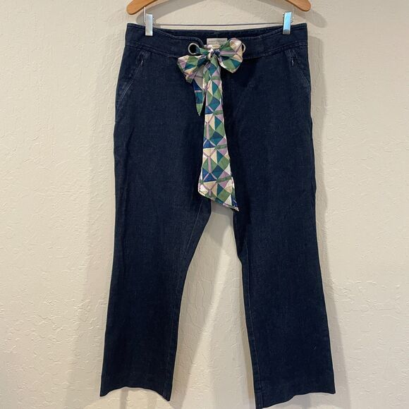 ~ Anthropologie 12 "The Essential Crop Flare" Dk Blue Wash Scarf Tie Denim Jeans - Picture 4 of 16
